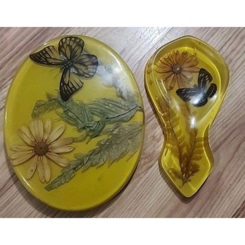 VTG MCM Lucite Acrylic Spoon Rest Trivet Set Wildflowers Butterflies Boho Retro